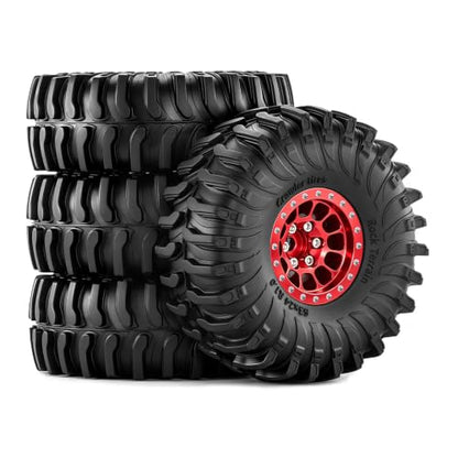 1.0" Beadlock Wheels and Tires for 1/24 Axial SCX24, 1/18 TRX4M RC Crawler (Red 357) - color: Red 357