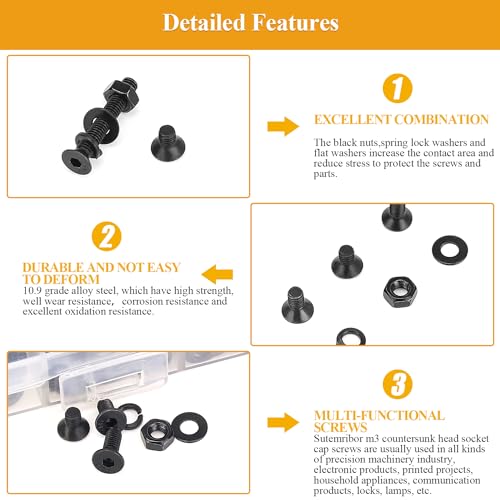 565 Pieces M3 Screws Nuts Washers Set Black, Sutemribor M3 x 5/6/8/10/12/16/20mm Countersunk Head Socket Cap Screws Nuts Washers Assortment Kit, 10.9 Grade Alloy Steel, Fully Threaded - size: M3, style: Countersunk Head Socket Cap