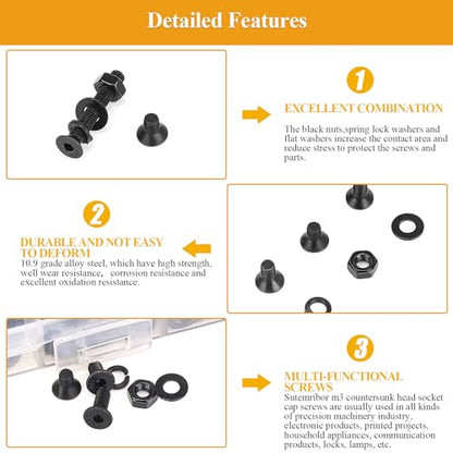 565 Pieces M3 Screws Nuts Washers Set Black, Sutemribor M3 x 5/6/8/10/12/16/20mm Countersunk Head Socket Cap Screws Nuts Washers Assortment Kit, 10.9 Grade Alloy Steel, Fully Threaded - size: M3, style: Countersunk Head Socket Cap
