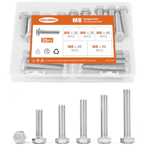 M8 x 30mm 35mm 40mm 45mm 50mm Heavy Duty Hexagon Bolts Hex Head Screws, 304 Stainless Steel, Machine Fully Thread, Metric, Bright Finish, Assortment Kit 25PCS - size: M8 x 30/35/40/45/50mm (25PCS)