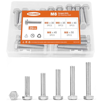 M8 x 30mm 35mm 40mm 45mm 50mm Heavy Duty Hexagon Bolts Hex Head Screws, 304 Stainless Steel, Machine Fully Thread, Metric, Bright Finish, Assortment Kit 25PCS - size: M8 x 30/35/40/45/50mm (25PCS)