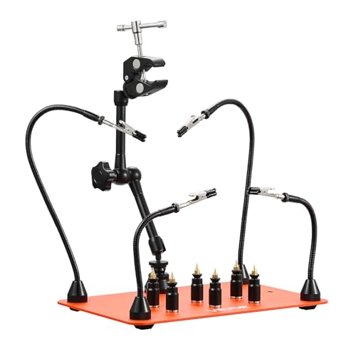 VEVOR Magnetic Helping Hands Soldering Station, 4 Flexible Arms Third Hand Tool, with 6 PCB Pillar Holders & 360 Hot Air Gun Holder, Heavy-Duty Base Soldering Helper for Electronic Repair Craft - style: 11*7in Large Base with Holders