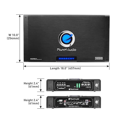 Planet Audio AC2600.2 Anarchy Series 2 Channel Class A/B Car Amplifier - 2600 High Output, 2-8 Ohm Stable, High/Low Level Inputs, High/Low Pass Crossover, Full Range, Hook Up to Subwoofer for Bass