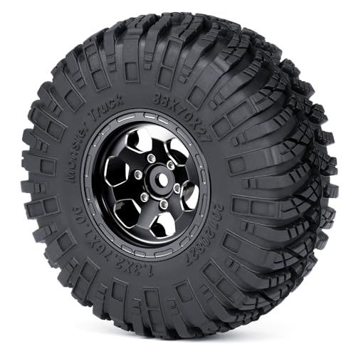 4PCS 1.3" Beadlock Wheel Tires Set Aluminum 1.3inch Beadlock Wheel Hub Wheel Rim ＆ 70mm/2.76inch Rubber Crawler Tires for 1/18 1/24 RC Crawler Car SCX24 TRX4M Upgrade Parts (Black) - color: Black