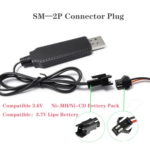 3.7V Battery Charger Cable with SM-2P Plug USB Li-ion Battery Charger for Bunch O Bubbles, Bubble Bazooka Machine Gun, Mini RC Amphibious Stunt Car Boat Trucks 3.7 Volt Li-ion and Li-Po Battery,2Pcs