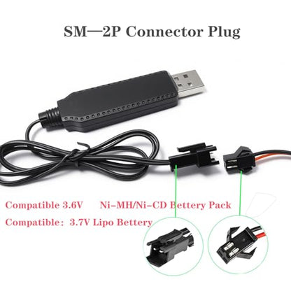 3.7V Battery Charger Cable with SM-2P Plug USB Li-ion Battery Charger for Bunch O Bubbles, Bubble Bazooka Machine Gun, Mini RC Amphibious Stunt Car Boat Trucks 3.7 Volt Li-ion and Li-Po Battery,2Pcs