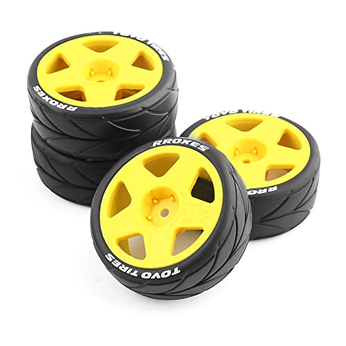 4PCS RC 1/10 On-Road Tires 65mm RC Rubber Tires w/Plastic Wheel Rim 12mm Hex Fit for 1/10 RC On-Road Rally Car HPI Tamiya TT01 TT02 Kyosho Wltoys 144001 - color: Yellow 2