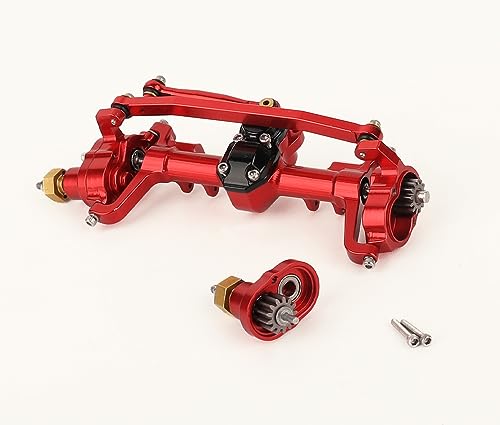 Aluminum Complete Front & Rear Portal Axle with Servo Arm for SCX24 Bronco Gladiator Deadbolt JLU C10 Axial 1/24 RC Crawler Metal Upgrade Parts (Red) - color: Red