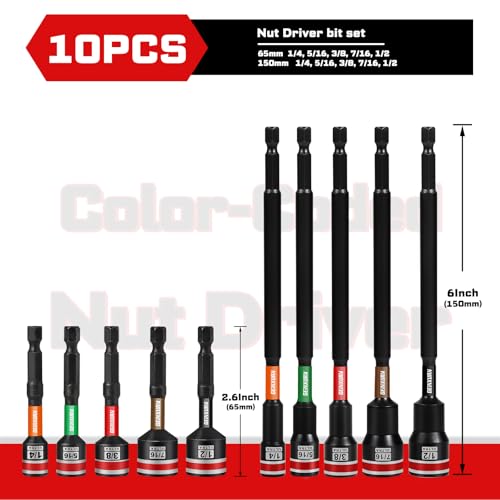 Impact Nut Driver Set, 10 Pieces 2.56”6”Long 1/4”5/16”3/8”7/16” 1/2”6 Point Alloy Steel Magnetic SAE Nut Setter Set Use For Require Installing 1/4 Hex Shank Impact Driver with Case Box - size: 2.56"/6", style: MIXS-10pcs