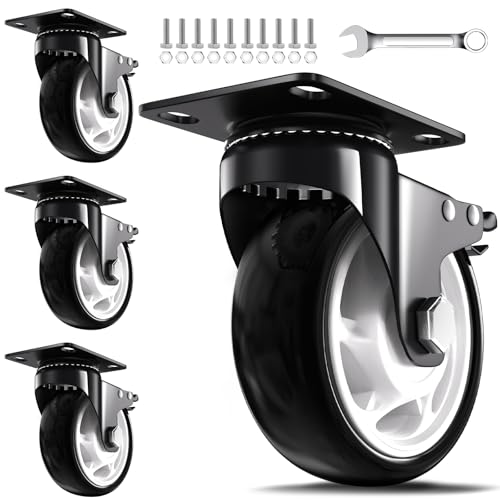 5 Inch Heavy Duty Casters, 2600lbs Capacity (Set of 4) - Industrial Swivel Caster Wheels with Brakes for Workbenches, Carts & Furniture - Floor Protecting & Quiet Roll - color: black, size: 5 IN