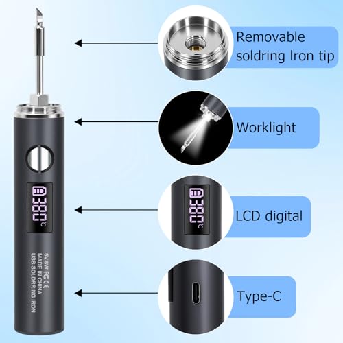Cordless Soldering Iron,10-in-1 for Electronics DIY & Repair 1400mAh | 7s fast heat, 500–788℉ adjustable temp, LED & OLED display; 3 tips, pump, 2 tweezers, stand, sponge, solder wire, storage bag