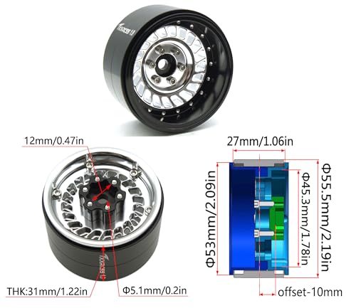 Super Heavy Rc 1.9 Beadlock Wheels Offsets -10mm Rims for 1/10 RC Crawler (Silver Black) XX - color: Silver Black