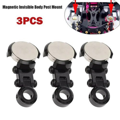 3pc Invisible Magnetic Body Post Mounts – Black Alloy, Engineered for 1:10 RC Car Bodies, No Drilling, Strong Magnet Absorption