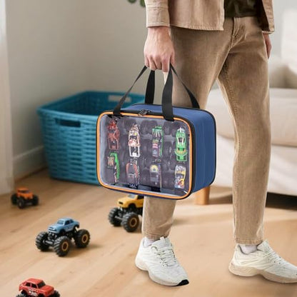 LUXJA Double Layer Toy Car Storage Bag Compatible with Hot Wheels, Blue | PVC Carrying Case for 1:64 Monster Jam Trucks, Holds Up to 14 Collectible Toy Cars