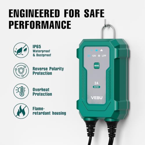 Smart 2A 6V/12V Battery Charger Maintainer - Auto Desulfator & Winter Mode for Deeply Discharged Lead-Acid & LiFePO4 Batteries - Perfect for Motorcycle, Car, Boat, RV, ATV - size: 2A