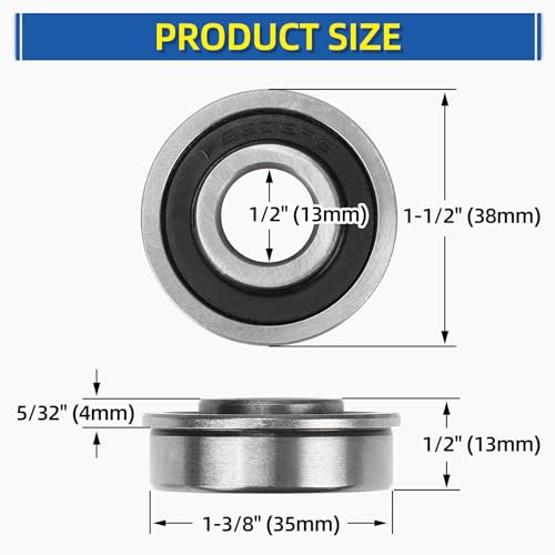 1/2" Deep Groove Ball Bearing, 13x35x13mm Bore Sealed Flanged Steel Bearings Replacement for Wheelbarrow, Lawn Mower, Hand Truck, Garden Cart Tire and Wheels, 4 Pack - size: ID 1/2" x OD 1-3/8"