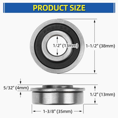 1/2" Deep Groove Ball Bearing, 13x35x13mm Bore Sealed Flanged Steel Bearings Replacement for Wheelbarrow, Lawn Mower, Hand Truck, Garden Cart Tire and Wheels, 4 Pack - size: ID 1/2" x OD 1-3/8"