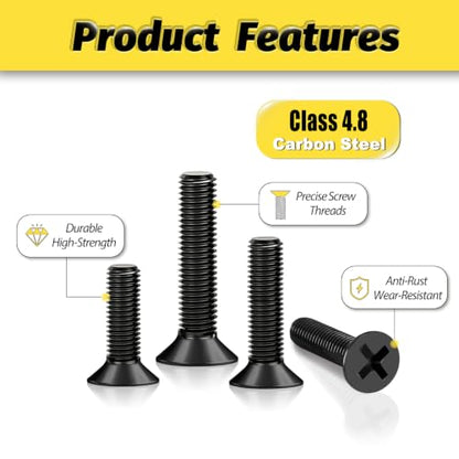 KADRICK 435Pcs M4 Countersunk Screw Kit,Flat Head Bolts 8MM-25MM | M4 Phillips Screws Assortment Kit,Screws With Nut Flat/Lock Washers,Black Zinc Plated - size: M4 435Pcs 8-25mm