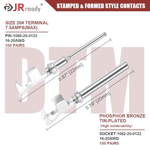JRready Deutsch DTM Connector Terminal Kit Size 20,Male Pins 1060-20-0122/ Female Sockets 1062-20-0122 Open Barrel Style Contacts for Wire Gauge 16-22AWG,ST6256-100 Stamped & Formed Contacts Set - size: #20 Stamped Contacts(16-22AWG) 7.5A (Max)