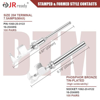 JRready Deutsch DTM Connector Terminal Kit Size 20,Male Pins 1060-20-0122/ Female Sockets 1062-20-0122 Open Barrel Style Contacts for Wire Gauge 16-22AWG,ST6256-100 Stamped & Formed Contacts Set - size: #20 Stamped Contacts(16-22AWG) 7.5A (Max)