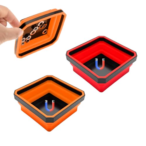 2PCS Collapsible Magnetic Parts Tray, 4.5" Square Silicone Tool Tray with Double-Sided Magnetic Base, Foldable Bowls Small Metal Parts Holder for Screws Bolts Nuts Washers (Orange+Red) - color: Orange+Red, size: 2PCS