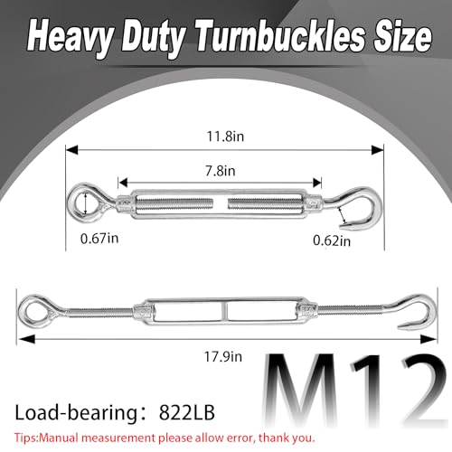 6PCS M12 Hook and Eye Turnbuckles for Cables Wire Rope Tension | Made of 304 Stainless Steel, Corrosion Resistant & Easy to Use,822lbs Rated,Industrial Shade Sail Rigging - size: 6PCS-M12-OC