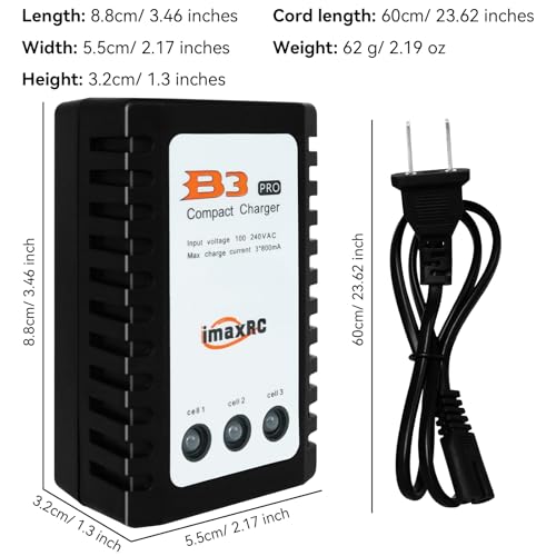 B3 Lipo Battery Charger - 2S 3S RC Balance Chargers AC 7.4-11.1V 10W with XH3P XH4P Plug for RC Car Batteries Drone Boat Airplane Truck Quadcopter Airsoft SCX24 SCX10
