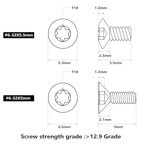 ohhunt 60 Pcs 6-32x5.5mm/5mm/8.55mm/9.5mm/10.8mm/12.3mm Alloy Steel Flat Head Screw for Red Dot Sight