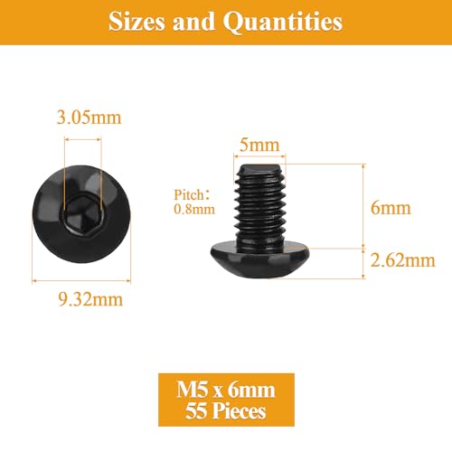 55 Pieces M5 x 6mm Button Head Socket Cap Screws, Thread Pitch 0.8mm, Sutemribor M5 Black Screws, 10.9 Grade Alloy Steel, Black Oxide Finish, Fully Threaded - size: M5 x 6mm, style: Button Head