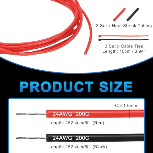 MECCANIXITY 24 Gauge Silicone Electrical Wire Cables, 24 AWG 5ft Black and 5ft Red Electrical Wires High Temp 600V 200C Flexible Stranded Tinned Copper Wires Automotive Cable with Accessories - size: 24 Gauge 2m/5ft