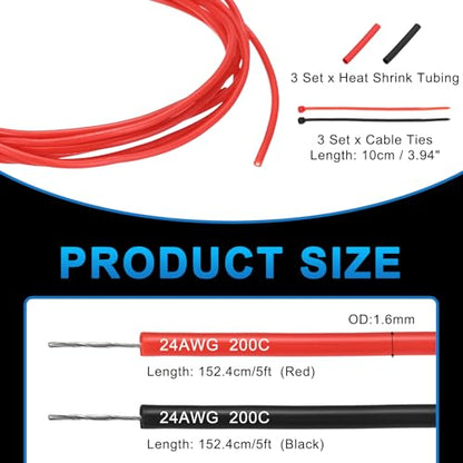 MECCANIXITY 24 Gauge Silicone Electrical Wire Cables, 24 AWG 5ft Black and 5ft Red Electrical Wires High Temp 600V 200C Flexible Stranded Tinned Copper Wires Automotive Cable with Accessories - size: 24 Gauge 2m/5ft