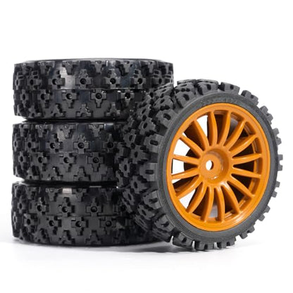 Pre-Glued Off-Road Knobby Wheel & Tire Set for 1/10 1/12 RC Car for HSP 94123, Tamiya TT01 / XV01, MJX 10303, Kyosho FW06, 70 x 28 mm Rubber, 12 mm Hex Nylon Wheels, 4 pcs, Orange - color: Brown