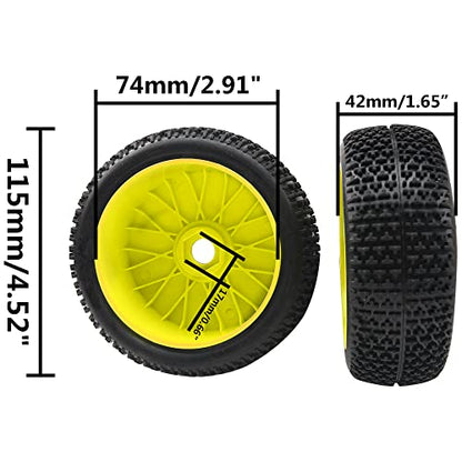 4Pcs OD 4.52" 1/8 RC Buggy Rubber Tires Tyre w/Plastic Rim 17mm Hex Compatible with Arrma Kyosho Exceed RC Traxxas Redcat HSP HPI 1/8 Scale Off Road Car Buggy (Yellow)
