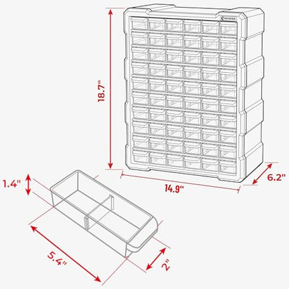 Small Parts Organizer for Hardware & Screws | 60 Removable Bins with Dividers | Wall Mount or Desktop Craft & Lego Storage Cabinet | 19” x 15” x 6” BX08-4016 - style: 60 Drawers
