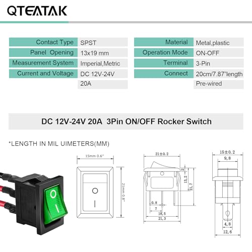 5 Pack KCD1 SPST Pre-Wired On/Off Green LED Boat Rocker Toggle Switch - color: Green, size: DC 12V-24V 20A - Pre-Wired