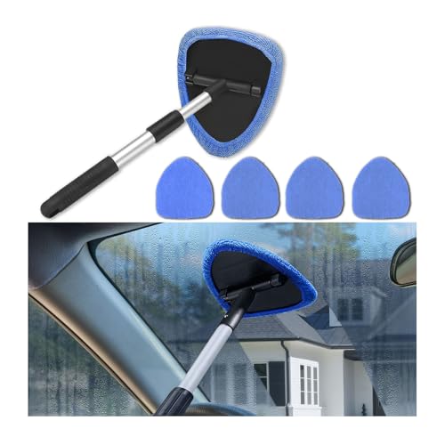 4 Pack Windshield Cleaning Tool with Extendable Handle, Blue | aluminum ABS and microfiber body, pivoting head, reusable cloth pads, fits most vehicle glass, auto cleaning tools - color: Blue