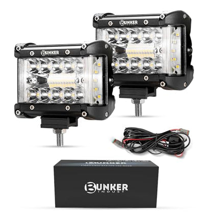 BUNKER INDUST Side Shooter LED Light Pods Wiring Harness Kit, 2 Pcs 4" Spot Flood LED Light Bar 60W Work Light Waterproof Cube Lights Off-Road Driving Bumper Light for ATV UTV Truck Boat Tractor - size: 4 Inch