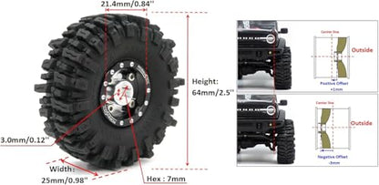 RC 64mm 1.0 Mud Slingers Tires Tyres & Metal 1.0 beadlock Wheels Adjustable Offset Rims, 1/18 1/24 Tires Wheels for RC Rock Crawler 1/18 TRX4M 1/24 SCX24 FCX24 - color: Black & Silver