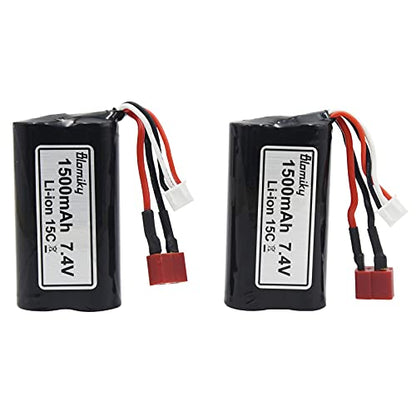 Blomiky 2 Pack 7.4V 1500mAh 15C Li-ion Rechargeable Battery with T Plug Connector and USB Cable for 9155 and 9156 1:12 Scale High Speed RC Truck 9156