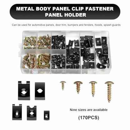 170PCS Car U-Clip and Screw Assortment Kit, 9 Sizes Auto Body Panel Screws U Nuts Replacement, Rustproof Metal Fasteners Automotive Repair Parts for Dash Door Panel Interior