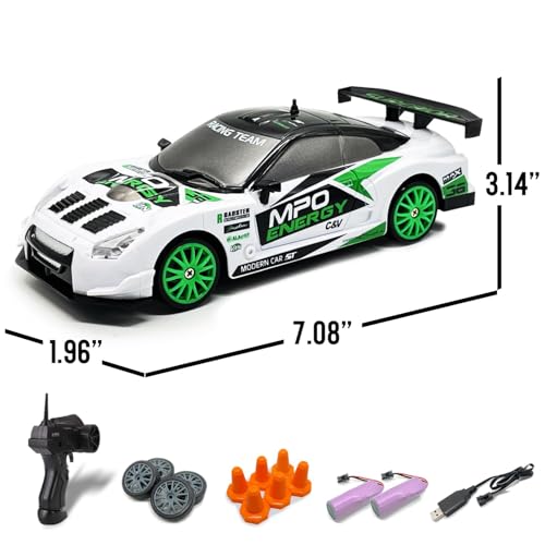 Drift RC Car, 1:24 Scale 2.4Ghz Remote Control Car Toys for Kids | drifting & racing tires, 2 batteries, LED lights, 4 wheels drive, steering trimmer - color: White, size: 1:24 Scale