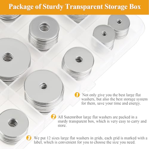 102 Pieces Stainless Steel Fender Washers, Flat Washers, Metal Washers for Screws Bolts, Fender Washers Assortment Kit, Assorted Washers Set (M3 M4 M5 M6 M8 M10 M12) - size: Fender Washers Kit