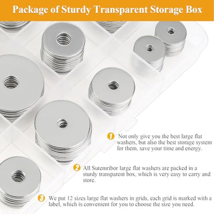 102 Pieces Stainless Steel Fender Washers, Flat Washers, Metal Washers for Screws Bolts, Fender Washers Assortment Kit, Assorted Washers Set (M3 M4 M5 M6 M8 M10 M12) - size: Fender Washers Kit
