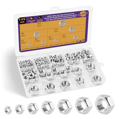 145Pcs Metric 7 Sizes Hex Nut Assortment 304 Stainless Steel | M3 M4 M5 M6 M8 M10 M12, Rust Resistant, For Marine, Automotive & Household Repairs, Storage Case Included. - size: 145Pcs M3-M12 Silver