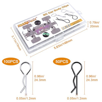 HobbyPark 150 Pieces Universal Bent RC Body Clips Car Clips Silver & Black R Clips for All 1/10 1/12 Scale Redcat HPI Tamiya HSP Exceed RC Car Parts Truck Buggy Shell Replacement
