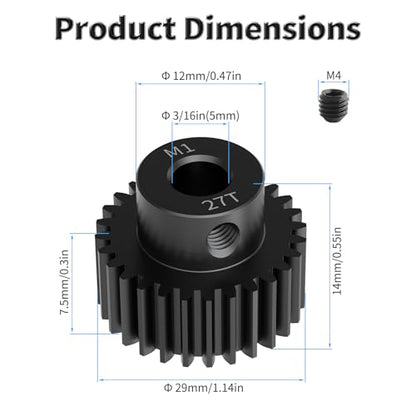 Pinion Motor Gear, M1 27T, 3/16 in (5mm) Shaft Hole | M1 Pitch 27 Teeth, 1045 Hardened Carbon Steel, 3/16 Inch Shaft Hole, RC Motor Pinion Upgrade, for 1/10 RC Brushless Crawler - size: M1 27T