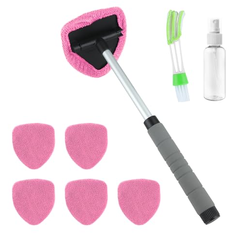 8 Pcs Car Window Cleaner Kit Triangle Shape Include Windshield Cleaning Tool with Extendable Handle 5 Microfiber Bonnets 1 Car Ventilation Brush 1 Empty 50ml Spray Bottle Glass Wiper Kits, Pink - color: Pink