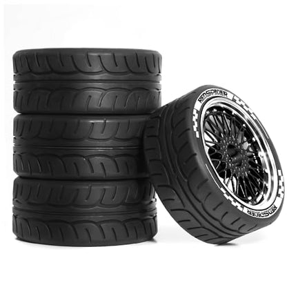 4PCS/Set 64mm Rubber Tires & Aluminum Alloy Wheels Rims Replacement Part for 1/10 RC On-Road Touring Car Racing Car (Black) - color: Black