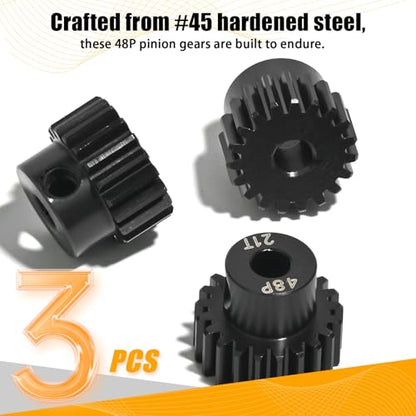 3PCS 48P Pinion Gear Set Hardened Steel 3.175mm Shaft 19T 20T 21T with Screws & Hex for 1/10 RC Arrma Traxxas HPI Kyosho Losi Axial SCX10 Tamiya Monster Truck Buggy Motor Upgrade Parts - size: 19 20 21T