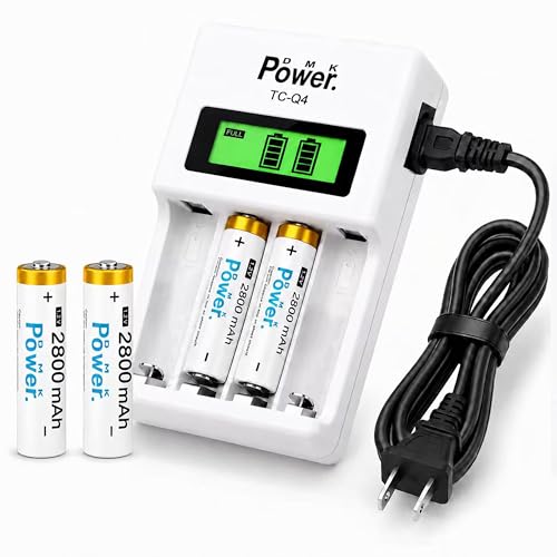DMK POWER AA Rechargeable Batteries with Charger, 4-Pack 2800mAh NiMH Set | 4-Slot LCD Smart Charger for Remotes, Toys, Flashlights & Clocks Global Voltage Compatible